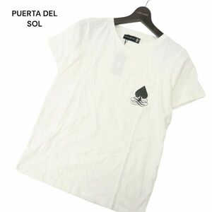 【新品 未使用】 PUERTA DEL SOL プエルタデルソル 春夏 ワッペン 半袖 Vネック カットソー Tシャツ Sz.M　メンズ 白　C4T04210_5#A