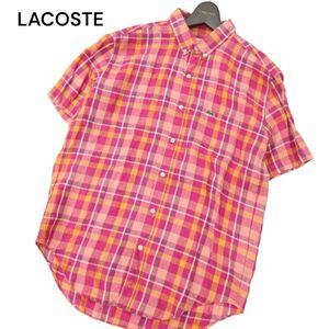 LACOSTE ラコステ 春夏 REGULAR FIT 麻 リネン100％★ ワニ刺繍 半袖 ボタンダウン チェック シャツ Sz.M　メンズ　C4T04137_4#A