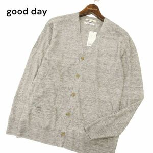 【新品 未使用】 good day グッデイ 春夏 麻 フレンチ リネン100%★ Vネック ニット カーディガン Sz.M　メンズ グレー　C4T04160_4#J