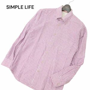 SIMPLE LIFE シンプルライフ レナウン 春夏 麻 リネン★ 長袖 ボタンダウン ストライプ シャツ Sz.LL　メンズ 大きいサイズ　C4T04244_5#A