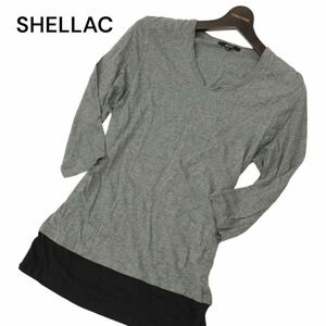 SHELLAC シェラック 春夏 サイドシャーリング★ Vネック 切替 7分袖 カットソー Tシャツ Sz.44　メンズ グレー　C4T04261_5#D