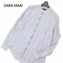 ZARA MAN ザラ マン 春夏 SLIM FIT 麻 リネン100％★ バンドカラー 長袖 ストライプ シャツ Sz.XL　メンズ 大きいサイズ　C4T04440_5#A_画像1