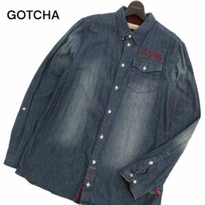 GOTCHA Gotcha через год USED обработка * Logo вышивка длинный рукав кнопка down Denim рубашка Sz.XXL мужской Surf большой размер очень большой C4T04510_5#C