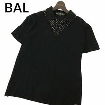 BAL バル 春夏 レイヤード風 ドット切替 刺繍 半袖 鹿の子 ポロシャツ Sz.L　メンズ 黒 日本製　C4T04563_5#D_画像1