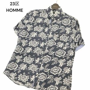 23区 HOMME オム 春夏 麻 リネン100％★ 花柄 フラワー総柄 半袖 ボタンダウン シャツ Sz.46　メンズ　C4T04565_5#A