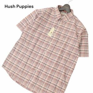 未使用★ Hush Puppies ハッシュパピー 春夏 日本製生地 ドッグ ロゴ刺繍 半袖 ボタンダウン チェック シャツ Sz.L　メンズ　C4T04738_5#A