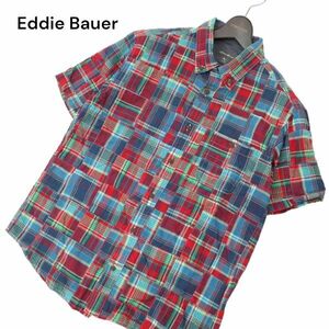 Eddie Bauer エディーバウアー 春夏 パッチワーク★ 半袖 ボタンダウン チェック シャツ Sz.M　メンズ アウトドア　C4T04871_5#A