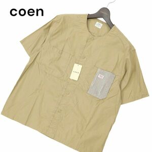 未使用 21SS★ Coen × SMITH’s コーエン × スミス 別注 ストライプ切替 ノーカラー 半袖 ワーク シャツ Sz.M　メンズ　C4T05013_5#A