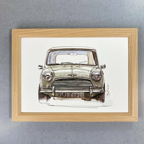 ●額装品 BOW 池田和弘 Morris Mini Cooper-S 貴重イラスト B5サイズ額入り ポスター風 アートフレーム 送料無料 B48