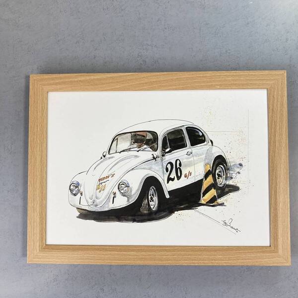 ●額装品 BOW 池田和弘 VW Beetle Racing 貴重イラスト B5サイズ額入り ポスター風 アートフレーム 送料無料 B51