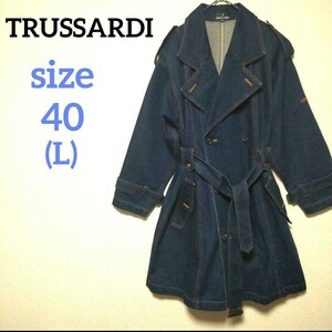 TRUSSARDI トラサルディ デニムトレンチコート 刺繍ロゴ ロング丈 大きいサイズ ジャケット 40 L相当 インディゴ ショールカラー ネイビー
