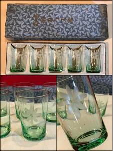 A7814●昭和レトロ ガラスコップ/タンブラーグラス 5個 グリーン 花柄 約φ6×h9.2㎝ 製造上のキズ気泡などあり 未使用長期保管品