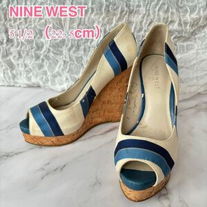 ナインウエスト　NINE WEST 5 1/2 22.5cm ハイヒール　ウエッジソール　パンプス　オープントゥ 白　青