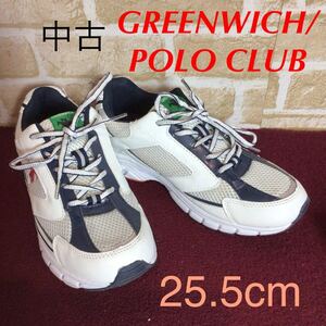 【売り切り!送料無料!】A-362 GREENWICH/ POLO CLUB！スニーカー!白!ネイビー25.5cm!ウォーキング!ランニンが!トレーニング!中古!