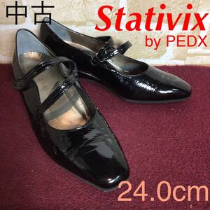 [ selling out! free shipping!]A-371 stativlx by PEDX! pumps! black! black!24.0cm! enamel! Wedge sole! belt adjustment equipped! used!