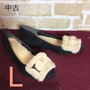 [ selling out! free shipping!]A-371 suede pumps! boa attaching!L 24.0~24.5cm rank! black! black! boa buckle! stylish! used 