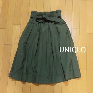 UNIQLO 綿混 スカート 別布リボン付き ポケット2 カーキ色 サイズM