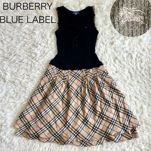 バーバリーブルーレーベル　BURBERRY BLUELABEL ワンピース ひざ丈 ノースリーブ ドッキング ノバチェック ホースロゴ リボン 三陽商会　M