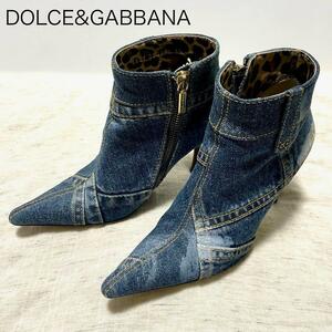 【ドルチェ＆ガッバーナ】DOLCE & GABBANA ドルガバ　ショートブーツ ピンヒール デニム レオパード ヒョウ柄 サイドジップ　35　22.5cm