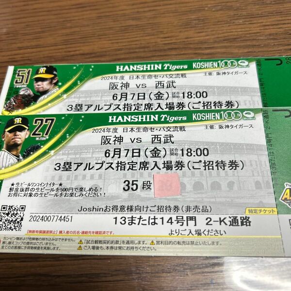 阪神VS西武セパ交流戦甲子園ペアチケット 阪神甲子園球場 ペア　一枚通路席