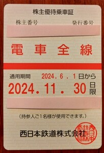 西鉄　株主優待乗車証（電車全線）定期券　書留込