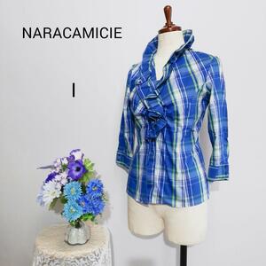  Nara Camicie первоклассный прекрасный товар 7 минут рукав блуза оттенок голубого цвет в клетку М размер 
