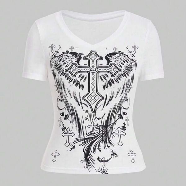 shein クロス カーブヘム クロップド トップス Tシャツ
