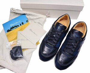 67%OFF◆ハンドペイントによる、美し過ぎる艶ネイビーレザー！【 Santoni / サントーニ (伊 】ラグジュアリーな厚底ドレススニーカー 5