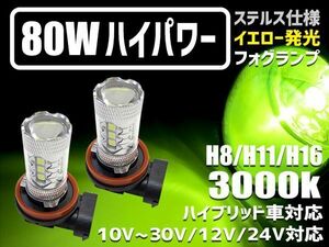 2個set 80w ステルスクリア LED フォグ H8/H11/H16/HB3/HB4/PSX26 選択可 イエロー発光 12V/24V 3000k