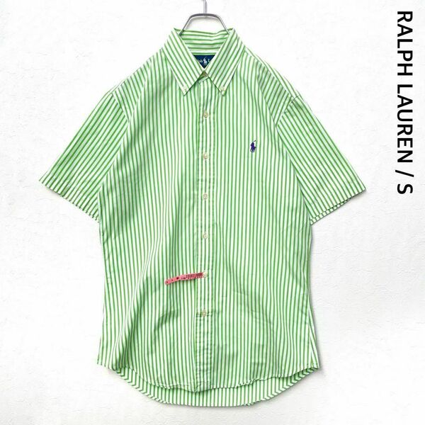 ポロラルフローレン　90年代　ストライプ　ポニー　ボタンダウン　半袖シャツ　緑　白　メンズSサイズ　POLO RALPH LAUREN