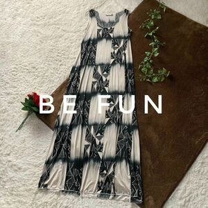 フランス製　be fun　ノースリーブ柄入りロングワンピース　ジャージー素材　Aライン　春夏　サイズ表記なし