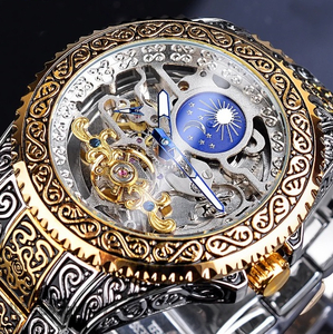  wristwatch man machine self-winding watch new goods men's watch toe ruby yon design skeleton carving floral print day and night display night light display gentleman for / Gold 