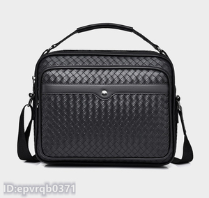 ショルダーバッグ 新品 レザー編み込み 大容量 メンズ 斜め掛けバッグ ボディバッグ 横かばん 紳士 革鞄 カジュアル /黒 