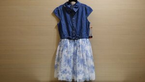 F923-1236602 Zunie キッズ ドレス ワンピース デニム 花柄 US/12 JP/140cm ホワイト ブルー チュチュ 女の子 子供服