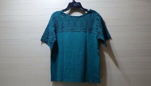 A891-583654 REI RISEE 2WAY グリーン Tシャツ レース 半袖 綿100％ トップス オフィスカジュアル サイズ US/L JP/XL※シミ