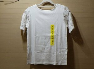 r482-583654 REI RISEE 2WAY ホワイト Tシャツ レース 半袖 綿100％ トップス オフィスカジュアル US/S JP/M