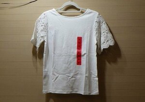 r544-583654 REI RISEE 2WAY ホワイト Tシャツ レース 半袖 綿100％ トップス オフィスカジュアル US/M JP/L