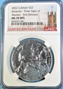 ★★ 最高鑑定 イギリス 202年 ブリタニア (３ Ages Women) 2￡ １oz.999銀貨 NGC MS70 DPL F.R. ★★