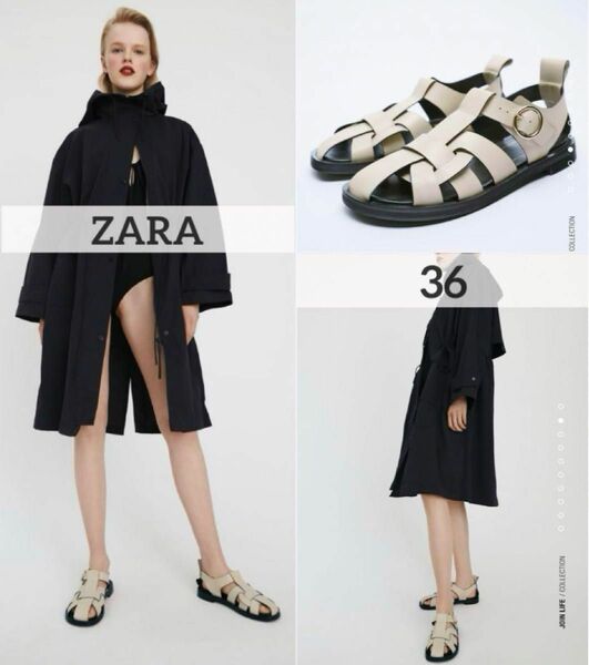 ZARA レザーフラットケージサンダル 36 エクリュ