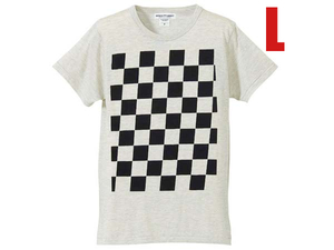 5°CHECKER 染込プリント Tシャツ OATMEAL×BLACK L/格子柄チェック柄カフェレーサーmodsモッズアメリカンバイク国旗レーシング競技国産車