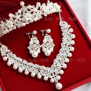  large grain pearl earrings * necklace * Tiara 3 point set wedding wedding wedding accessory u Eddie ng jewelry 