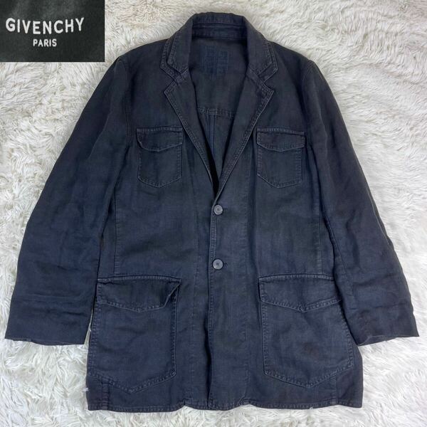 希少ジバンシーGIVENCHY PARIS デニムジャケットテーラードリネンブラック黒48