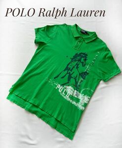 POLO Ralph Lauren ポロラルフローレン XL ダメージ加工 ミントグリーン 半袖ポロシャツ プリント ビックポニー 【1スタ】【1円スタート】