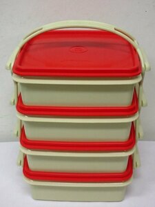 ｍ1247 TUPPERWARE　4段　お重/すのこ/ランチボックス等　赤×ベージュ　日本製　アルコール拭き取り済