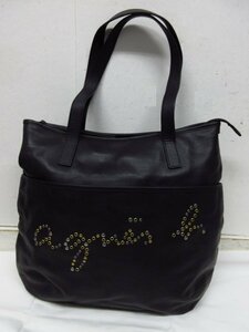 r4778 beautiful goods agnes b.VOYAGE leather tote bag black cow leather 100%a two es beige studs round type zipper opening and closing 