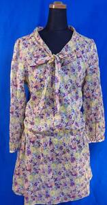 t5100 beautiful goods ROPE Rope long sleeve blouse tunic flax . front ribbon / thin made in Japan yellow x purple series floral print total pattern declared size EX-2