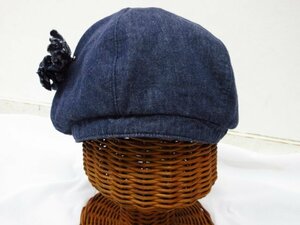 ｍ4917 Chloe　CHAPEAUX　デニムベレー帽子　綿100％　日本製　ムーンバット　ネイビー系　花型ブローチ/コサージュなど/取り外し可能