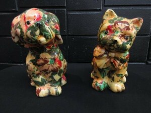 r4724 Demain 　ドマン　置物　コラージュ　アート　イタリア製　猫と犬　花柄　インテリア　総柄　CAT＆DOG　