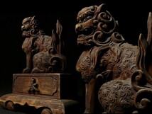 z432 迫力の木彫 阿吽の狛犬 仏教美術 置物_画像3