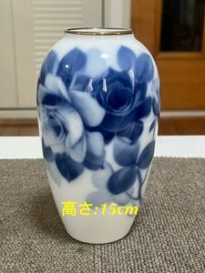 大倉陶園/OKURA ブルーローズ 8011 15cm 花瓶 陶器 美品